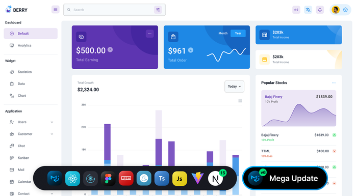 React Berry Dashboard PRO is a premium React-based admin template offering advanced features, extensive component libraries, and professional support.